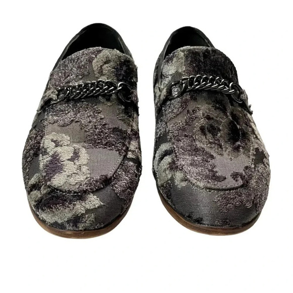  Men’s Gray Floral Velvet Loafers Chain Detail Slip On Size 8